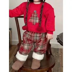 Set đồ Noel cho bé, set áo nỉ đỏ hoạ tiết cây thông kèm quần dạ kẻ ống suông cho bé 10-30kg
