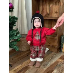 Set đồ Noel cho bé, set áo nỉ đỏ hoạ tiết cây thông kèm quần dạ kẻ ống suông cho bé 10-30kg