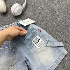 Quần đùi bé trai, quần short jean ngố túi thêu tem MIN cho bé 10-35kg