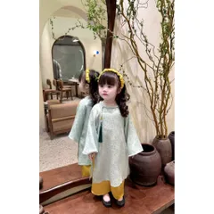 LOẠI 1- Áo dài cách tân cho bé gái, set 3ct áo dài cách tân lụa hoa cúc xanh mint quần vàng kèm bờm cho bé 7-27kg