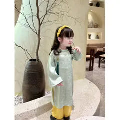 LOẠI 1- Áo dài cách tân cho bé gái, set 3ct áo dài cách tân lụa hoa cúc xanh mint quần vàng kèm bờm cho bé 7-27kg