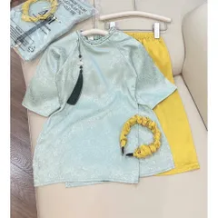 LOẠI 1- Áo dài cách tân cho bé gái, set 3ct áo dài cách tân lụa hoa cúc xanh mint quần vàng kèm bờm cho bé 7-27kg
