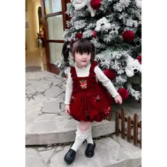 Váy cho bé gái, set váy yếm nhung đò gắn Sticker nơ và tuần lộc kèm áo giữ nhiệt cho bé 10-30kg