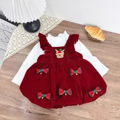 Váy cho bé gái, set váy yếm nhung đò gắn Sticker nơ và tuần lộc kèm áo giữ nhiệt cho bé 10-30kg