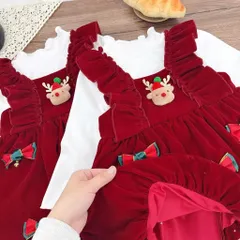 Váy cho bé gái, set váy yếm nhung đò gắn Sticker nơ và tuần lộc kèm áo giữ nhiệt cho bé 10-30kg