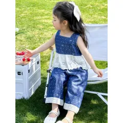 Set bộ bé gái cotton jean phối ren cao cấp – đồ bộ bé gái sát nách phong cách Hàn Quốc 10-30kg