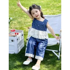 Set bộ bé gái cotton jean phối ren cao cấp – đồ bộ bé gái sát nách phong cách Hàn Quốc 10-30kg