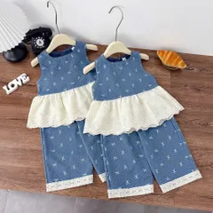 Set bộ bé gái cotton jean phối ren cao cấp – đồ bộ bé gái sát nách phong cách Hàn Quốc 10-30kg