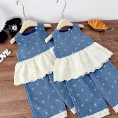 Set bộ bé gái cotton jean phối ren cao cấp – đồ bộ bé gái sát nách phong cách Hàn Quốc 10-30kg