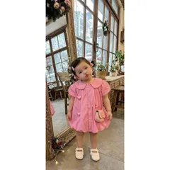 Váy cho bé gái, váy suông phồng chất thô mềm mát gắn sticker hình tim cho bé 10-30kg