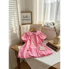 Váy cho bé gái, váy suông phồng chất thô mềm mát gắn sticker hình tim cho bé 10-30kg
