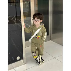 Quần áo thu đông bé trai, set bộ nỉ 2 da áo Hoodie Mickey kèm quần Jogger Tone màu rêu Hot trend cho bé 9-26kg