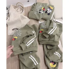 Quần áo thu đông bé trai, set bộ nỉ 2 da áo Hoodie Mickey kèm quần Jogger Tone màu rêu Hot trend cho bé 9-26kg