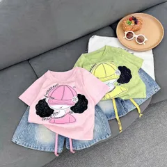 Quần áo bé gái, set bộ áo cotton họa tiết cô gái cột tóc 2 bên kèm quần lửng jean cho bé 18-42kg