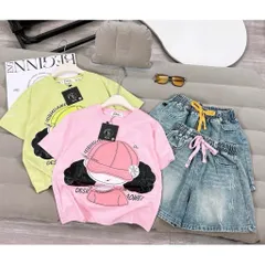 Quần áo bé gái, set bộ áo cotton họa tiết cô gái cột tóc 2 bên kèm quần lửng jean cho bé 18-42kg