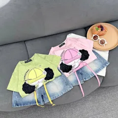 Quần áo bé gái, set bộ áo cotton họa tiết cô gái cột tóc 2 bên kèm quần lửng jean cho bé 18-42kg