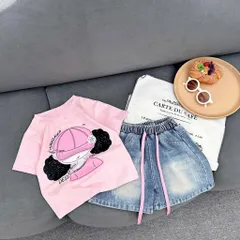 Quần áo bé gái, set bộ áo cotton họa tiết cô gái cột tóc 2 bên kèm quần lửng jean cho bé 18-42kg
