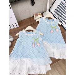 Váy bé gái, váy suông ren hình thoi gắn hoa cho bé 10-30kg