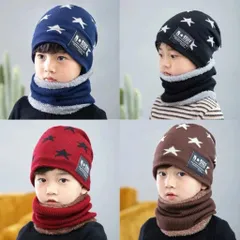 Phụ kiện mùa đông, set mũ len hoạ tiết ngôi sao kèm khăn ống lông cừu cho bé trai và bé gái từ 2-15 tuổi