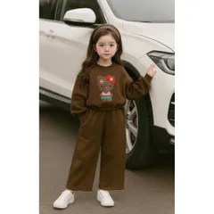 Quần áo thu đông bé gái, set bộ nỉ ấm áp hoạ tiết mèo đeo nơ đỏ cho bé 10-40kg