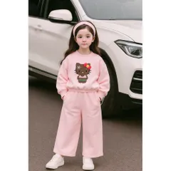Quần áo thu đông bé gái, set bộ nỉ ấm áp hoạ tiết mèo đeo nơ đỏ cho bé 10-40kg