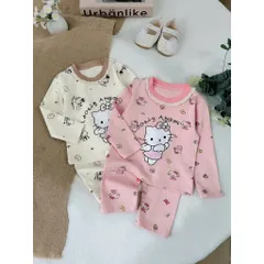 Quần áo thu đông bé gái, set bộ dài tay chất cotton zip hoạ tiết mèo cho bé 10-22kg