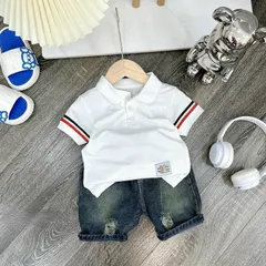 Quần áo bé trai, set bộ áo polo cộc tay thêu tem kèm quần Short Jean lịch lãm cho bé 10-30kg