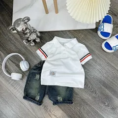 Quần áo bé trai, set bộ áo polo cộc tay thêu tem kèm quần Short Jean lịch lãm cho bé 10-30kg