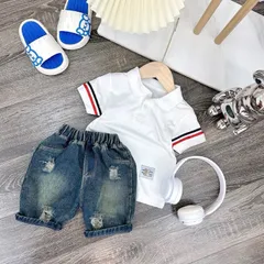 Quần áo bé trai, set bộ áo polo cộc tay thêu tem kèm quần Short Jean lịch lãm cho bé 10-30kg