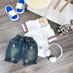 Quần áo bé trai, set bộ áo polo cộc tay thêu tem kèm quần Short Jean lịch lãm cho bé 10-30kg