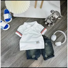 Quần áo bé trai, set bộ áo polo cộc tay thêu tem kèm quần Short Jean lịch lãm cho bé 10-30kg