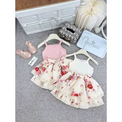 Váy bé gái, set áo 2 dây phối chân váy thô hoa 2 lớp siêu xinh cho bé 10-22kg