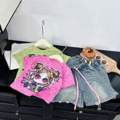 Quần áo bé gái, set áo cotton loang cô gái búi tóc đeo kính kèm quần jean lửng cho bé 18-42kg