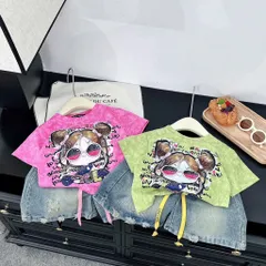 Quần áo bé gái, set áo cotton loang cô gái búi tóc đeo kính kèm quần jean lửng cho bé 18-42kg
