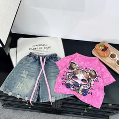 Quần áo bé gái, set áo cotton loang cô gái búi tóc đeo kính kèm quần jean lửng cho bé 18-42kg