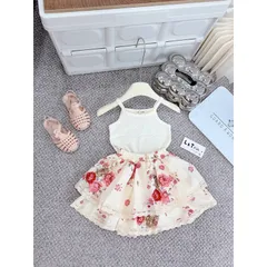 Váy bé gái, set áo 2 dây phối chân váy thô hoa 2 lớp siêu xinh cho bé 10-22kg