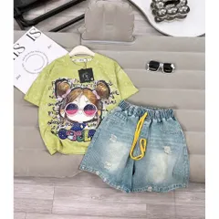 Quần áo bé gái, set áo cotton loang cô gái búi tóc đeo kính kèm quần jean lửng cho bé 18-42kg