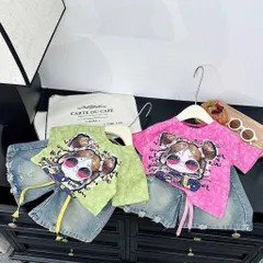 Quần áo bé gái, set áo cotton loang cô gái búi tóc đeo kính kèm quần jean lửng cho bé 18-42kg