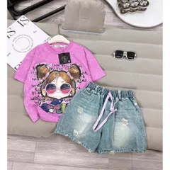 Quần áo bé gái, set áo cotton loang cô gái búi tóc đeo kính kèm quần jean lửng cho bé 18-42kg