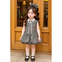 Váy bé gái, váy bí phồng kẻ xám thêu chữ MIN MIN cho bé 10-22kg
