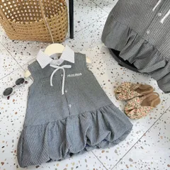 Váy bé gái, váy bí phồng kẻ xám thêu chữ MIN MIN cho bé 10-22kg