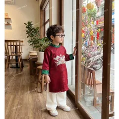 Áo dài cách tân bé trai, áo dài gấm lụa thêu ngựa cho bé 8-20kg
