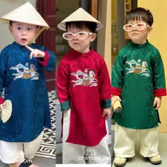 Áo dài cách tân bé trai, áo dài gấm lụa thêu ngựa cho bé 8-20kg
