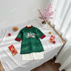 Áo dài cách tân bé trai, áo dài gấm lụa thêu ngựa cho bé 8-20kg