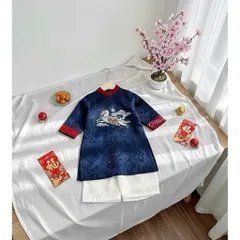 Áo dài cách tân bé trai, áo dài gấm lụa thêu ngựa cho bé 8-20kg