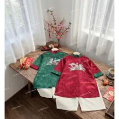 Áo dài cách tân bé trai, áo dài gấm lụa thêu ngựa cho bé 8-20kg