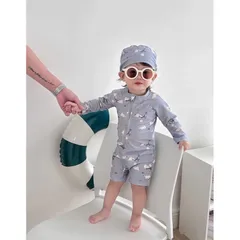 Đồ bơi bé trai, set bộ bơi liền thân dài tay tặng kèm mũ bơi cho bé trai 8-27kg