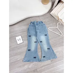 Quần dài bé gái, quần Jean ống loe thêu Nơ đậm đính đá cho bé 10-30kg