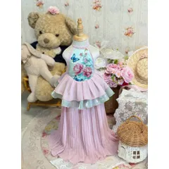 Váy bé gái, set áo yếm hoa mẫu đơn kèm chân váy tím dài dập ly size 10-30kg