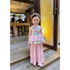 Váy bé gái, set áo yếm hoa mẫu đơn kèm chân váy tím dài dập ly size 10-30kg